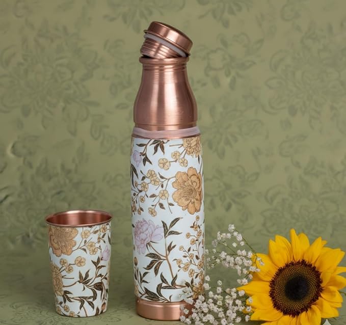 Copper Meena Golden Flower Bottle (950ml Bottle & Cup) | 印度手工純銅水瓶旅行套裝 (Copy)