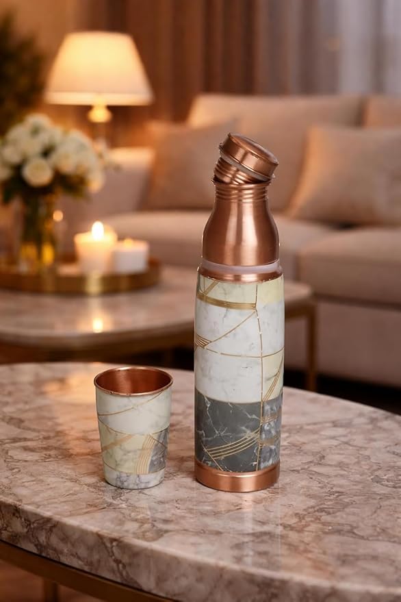 Copper Meena Marbel Bottle (950ml Bottle & Cup) | 印度手工純銅水瓶旅行套裝