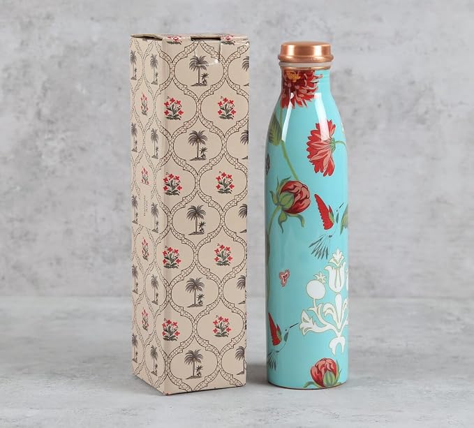 Copper Light Blue Printed Bottle (950ml) | 印度手工純銅水瓶