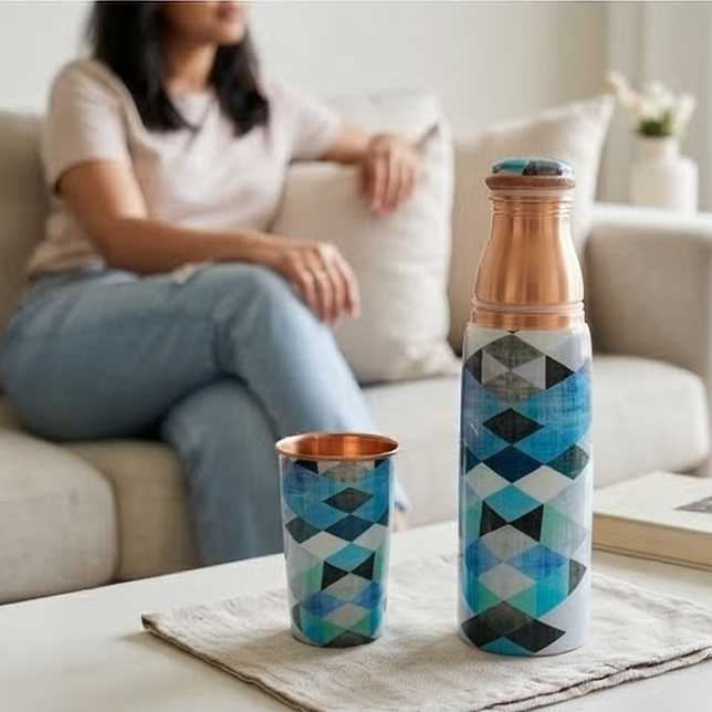 Copper Bottle Set 950ml & 2 Cups (Blue Geo Printed) | 印度手工純銅水瓶杯具組合|阿育吠陀飲用銅水習慣 (Copy)