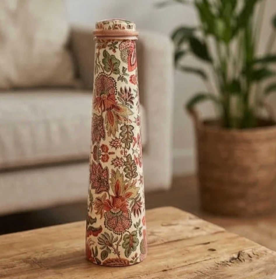 Copper Bottle Floral Printed (750ml) | 印度手工純銅水瓶|阿育吠陀飲用銅水習慣