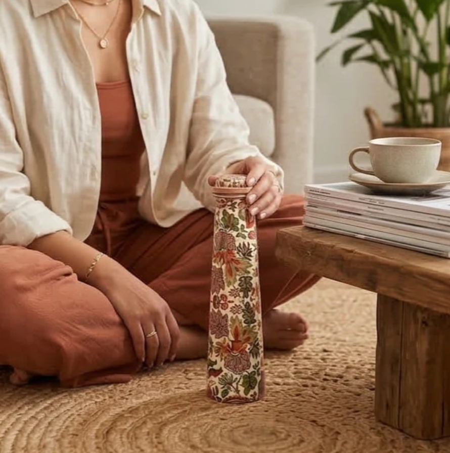 Copper Floral Printed Slim Bottle (750ml) | 印度手工純銅水瓶|阿育吠陀飲用銅水習慣