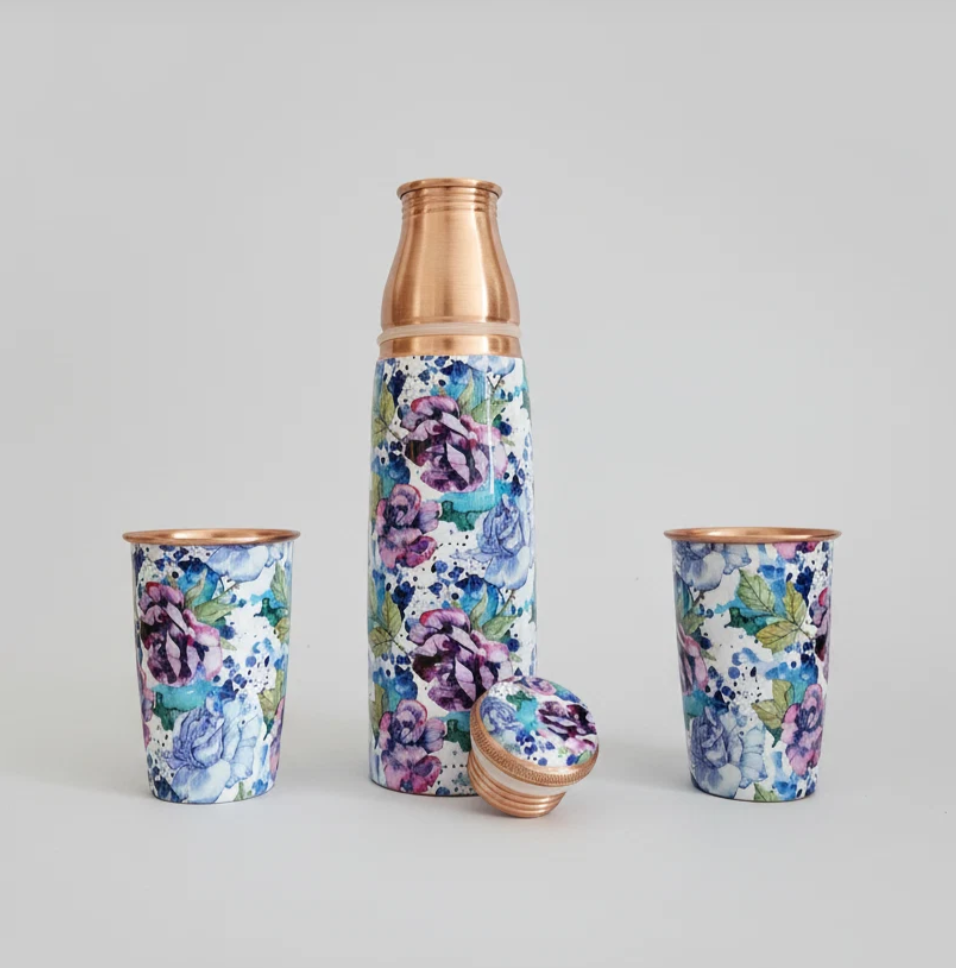Copper Bottle Set 950ml & 2 Cups (Purple Paints)| 印度手工純銅水瓶杯具組合|阿育吠陀飲用銅水習慣 (Copy)