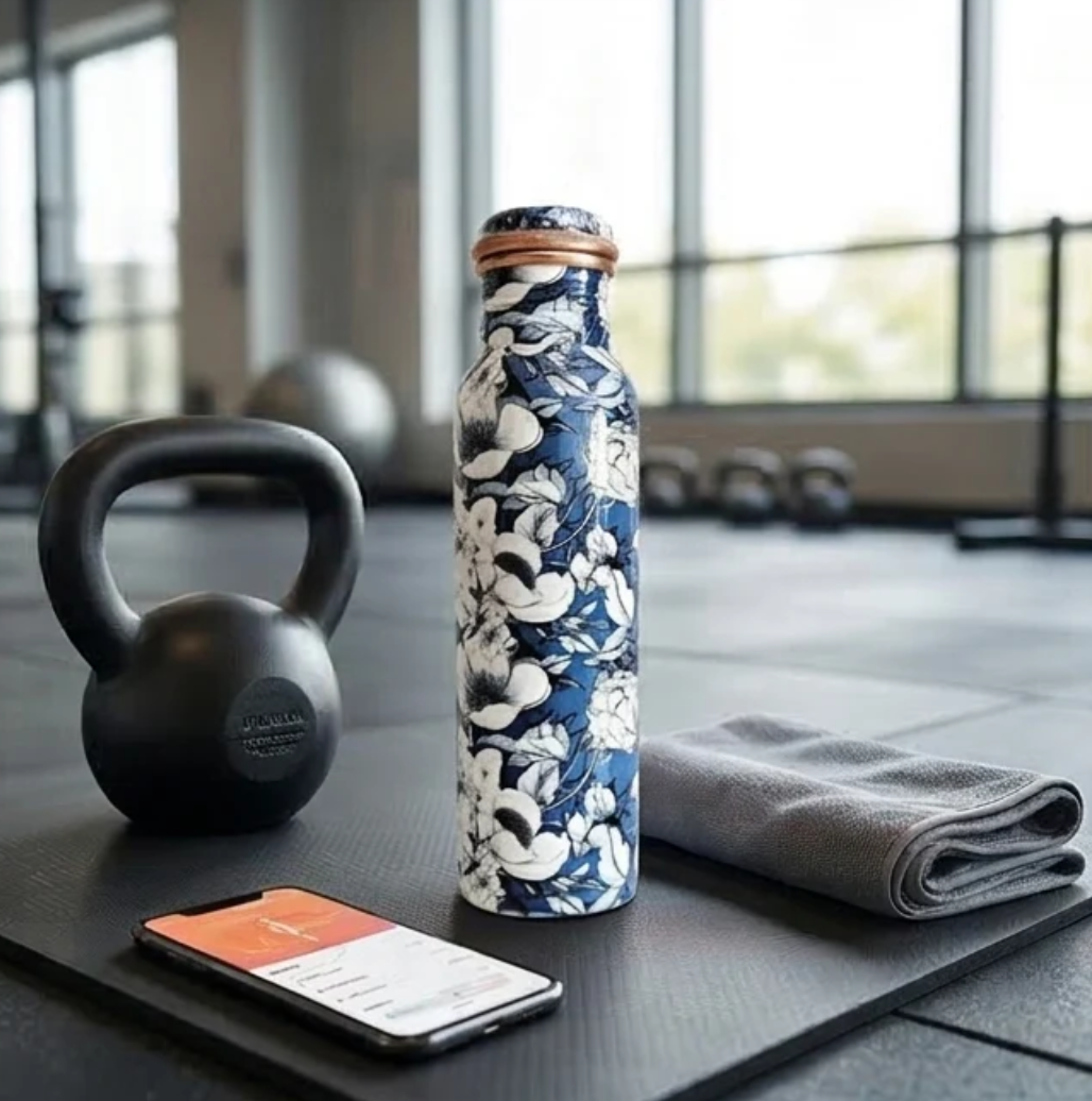 Copper Blue Floral Printed Bottle (950ml) | 印度手工純銅水瓶
