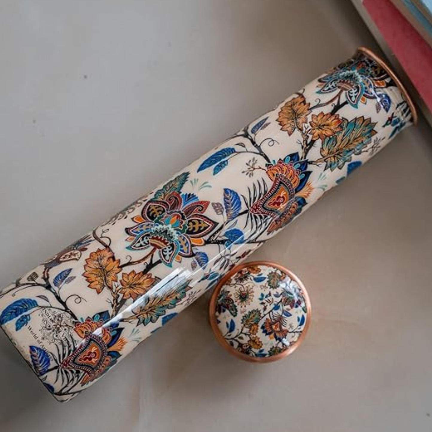 Copper Mixed Floral Printed Slim Bottle  (750ml) ｜ 印度手工純銅水瓶｜阿育吠陀飲用銅水習慣