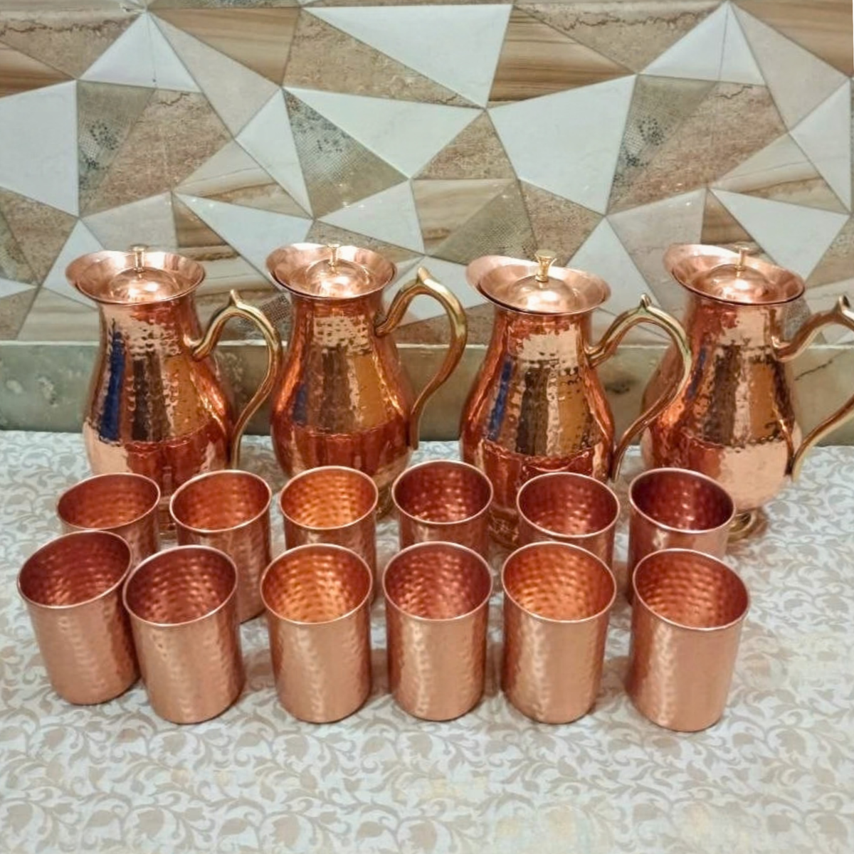 Ayurveda Antique Hammered Copper Jug Set with 2 Cups｜ 純銅精品儲水壺套裝 (#CJ122)
