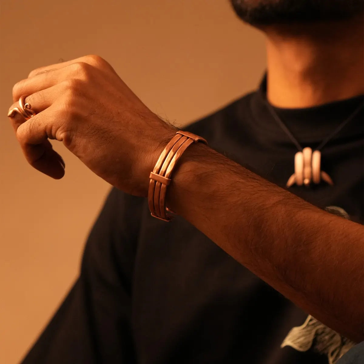 Unisex Rustic Craftsman Tri-band Isha Copper Bracelet |  三束錘鍛手工藝銅手環  (#YS037)