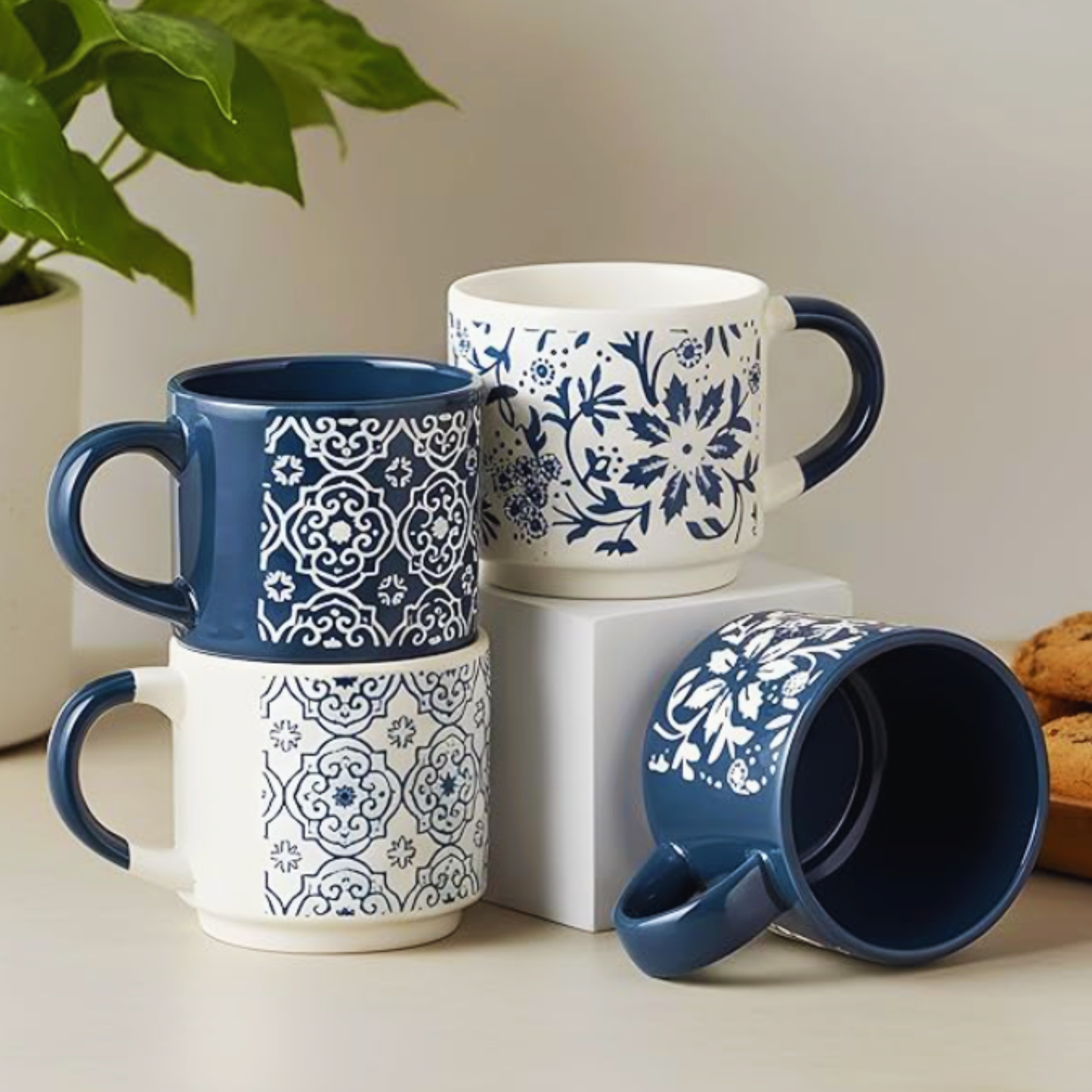 Blue Geometry Ceramic Chai Cups Set of 4｜藍色圖騰疊放式陶瓷杯組 (4入組)