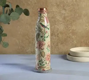 Copper Yellow Floral Printed Bottle  (950ml) ｜ 印度手工純銅水瓶｜阿育吠陀飲用銅水習慣