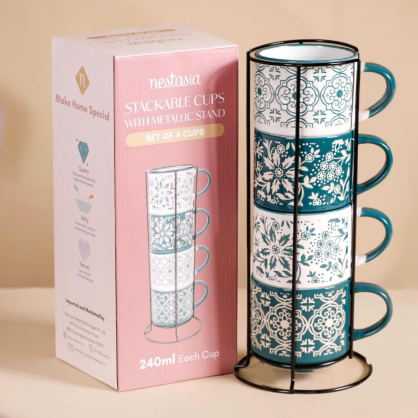Green Geometry Ceramic Chai Cups Set of 4｜綠色圖騰疊放式陶瓷杯組 (4入組)
