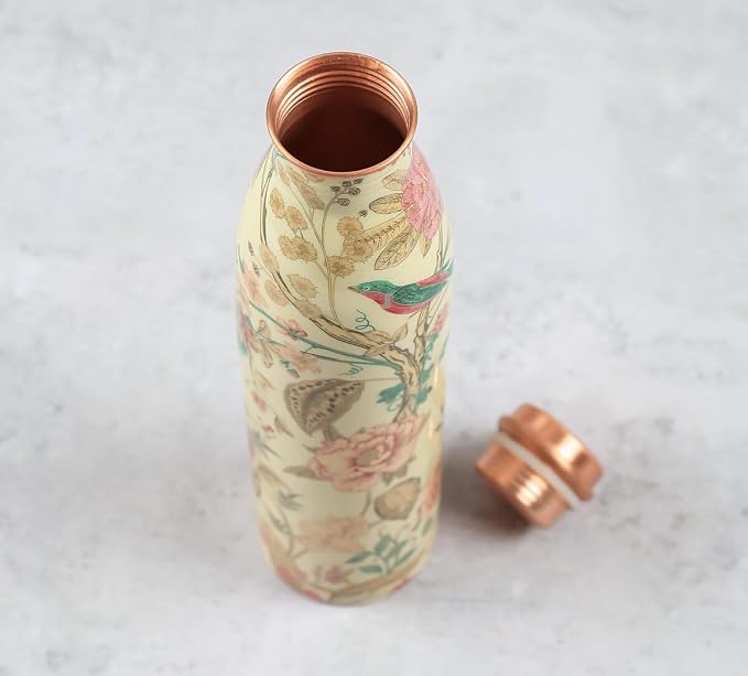 Copper Yellow Floral Printed Bottle  (950ml) ｜ 印度手工純銅水瓶｜阿育吠陀飲用銅水習慣