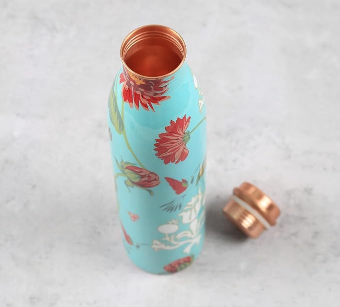 Copper Light Blue Printed Bottle  (950ml) ｜ 印度手工純銅水瓶