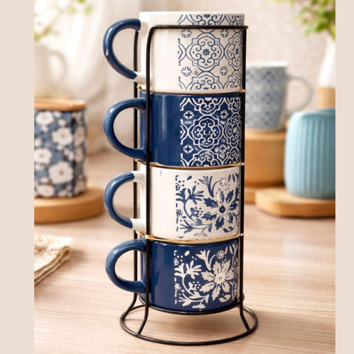 Blue Geometry Ceramic Chai Cups Set of 4｜藍色圖騰疊放式陶瓷杯組 (4入組)