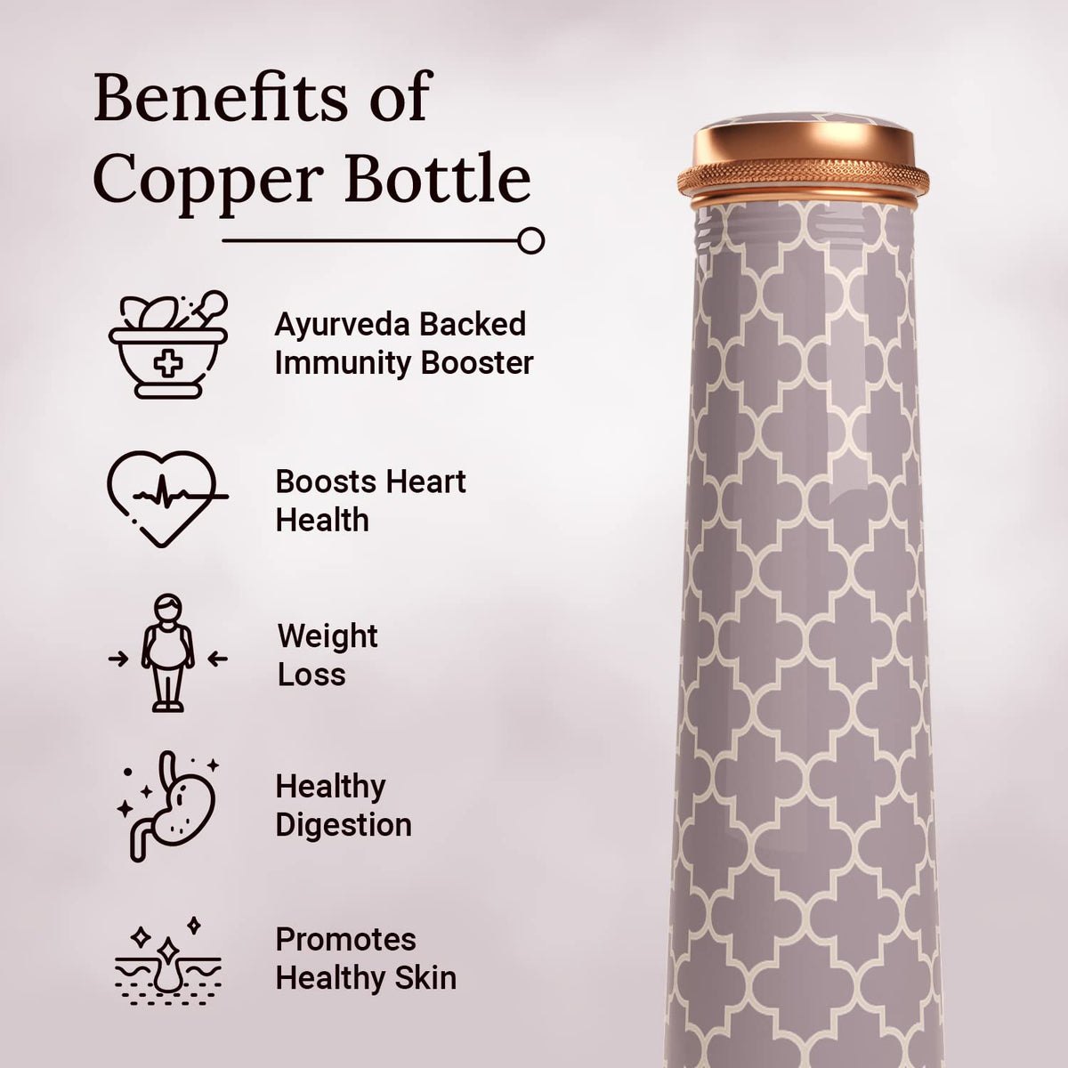 Copper Grey Slim Bottle  (750ml) ｜ 印度手工純銅水瓶