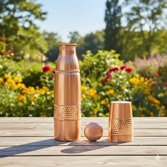 Copper Travel Printed Bottle & Cup (950ml & 300ml) ｜ 印度手工純銅水瓶旅行套裝