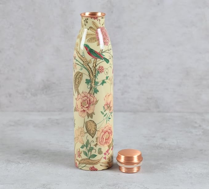 Copper Yellow Floral Printed Bottle  (950ml) ｜ 印度手工純銅水瓶｜阿育吠陀飲用銅水習慣