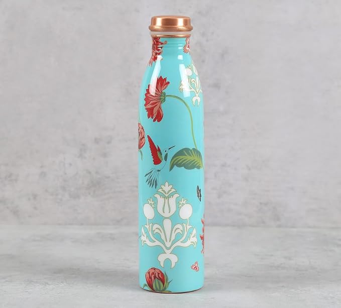 Copper Light Blue Printed Bottle  (950ml) ｜ 印度手工純銅水瓶