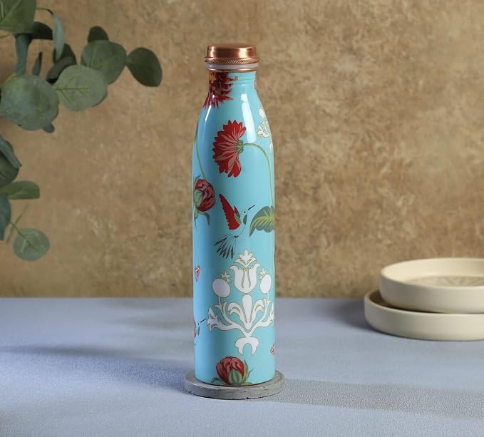 Copper Light Blue Printed Bottle  (950ml) ｜ 印度手工純銅水瓶