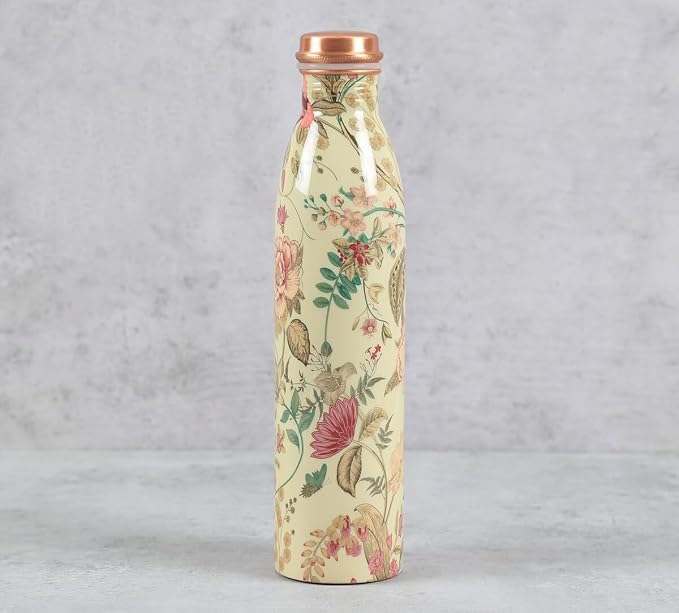 Copper Yellow Floral Printed Bottle  (950ml) ｜ 印度手工純銅水瓶｜阿育吠陀飲用銅水習慣