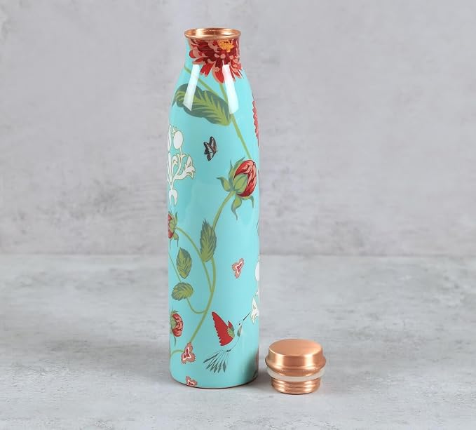 Copper Light Blue Printed Bottle  (950ml) ｜ 印度手工純銅水瓶