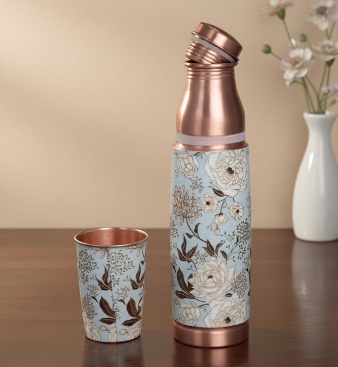 Copper Meena Pastel Blue Bottle (950ml Bottle & Cup) ｜ 印度手工純銅水瓶旅行套裝