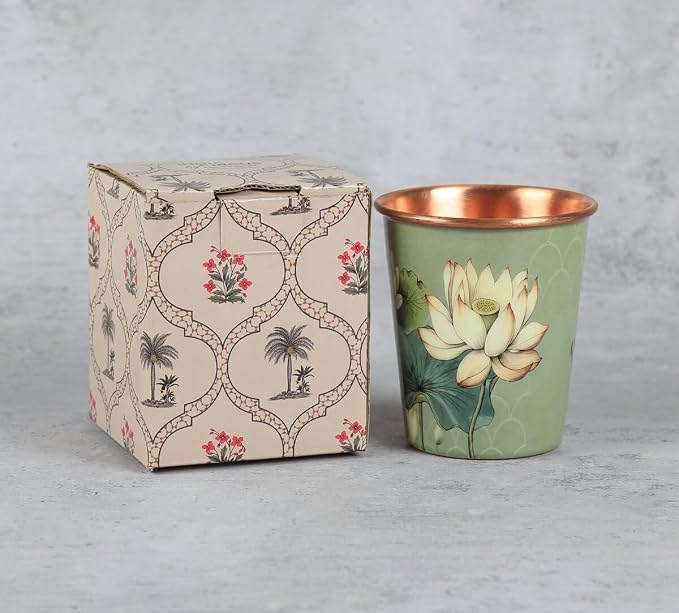 Copper Lotus Printed Cup (275ml) - Pack Of 2｜ 印度手工純銅水杯 2隻