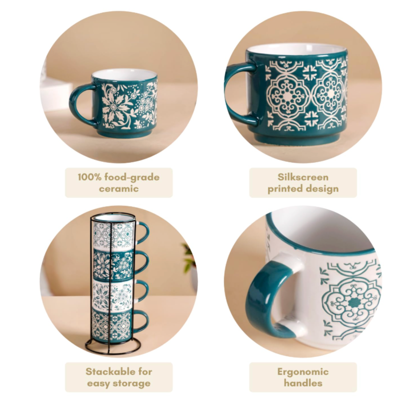 Green Geometry Ceramic Chai Cups Set of 4｜綠色圖騰疊放式陶瓷杯組 (4入組)