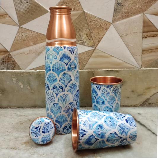 Copper Bottle Set 950ml & 2 Cups (Blue Printed) ｜ 印度手工純銅水瓶杯具組合｜阿育吠陀飲用銅水習慣