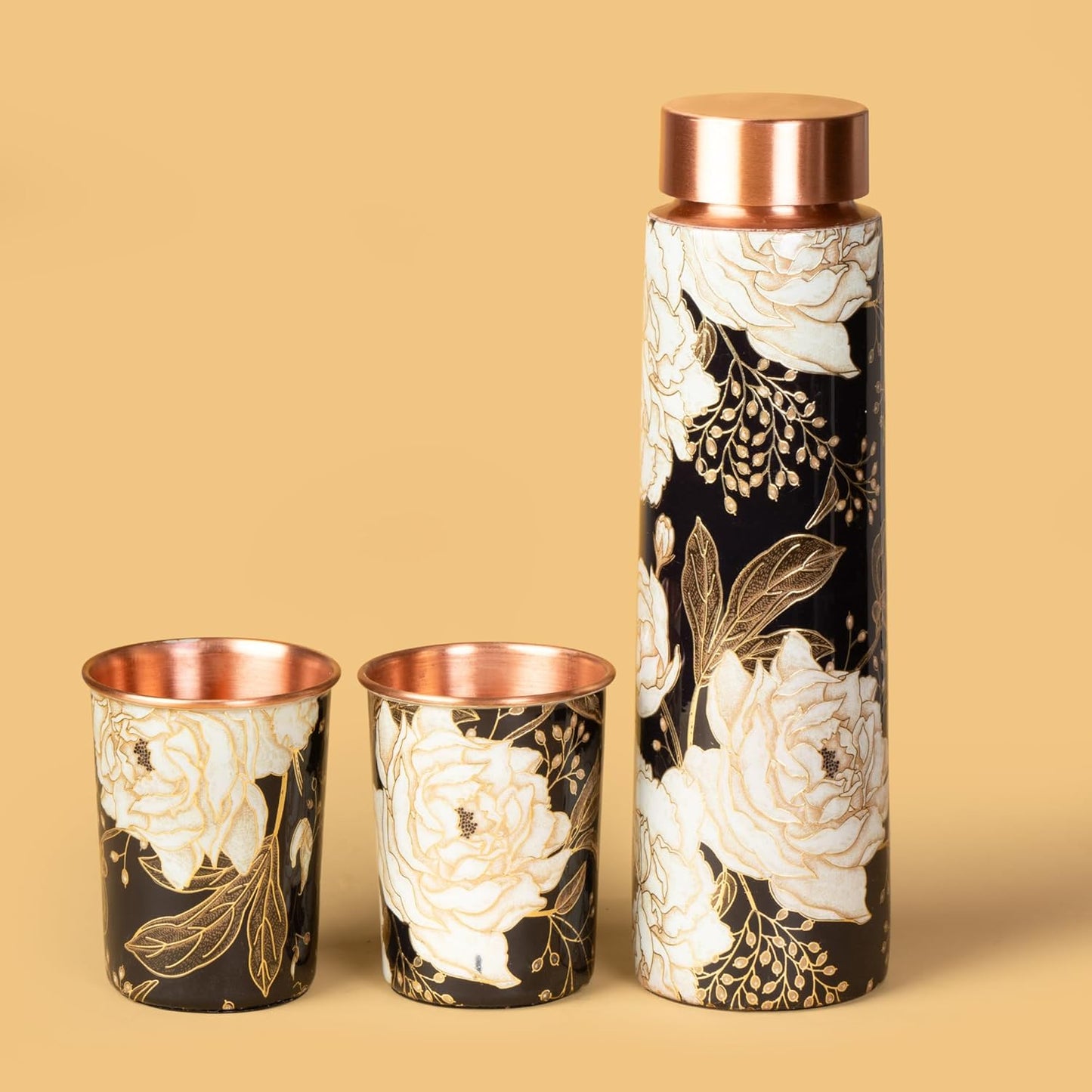 Copper Bottle Set 950ml & 2 Cups (Black & Gold)｜ 印度手工純銅水瓶杯具組合｜阿育吠陀飲用銅水習慣
