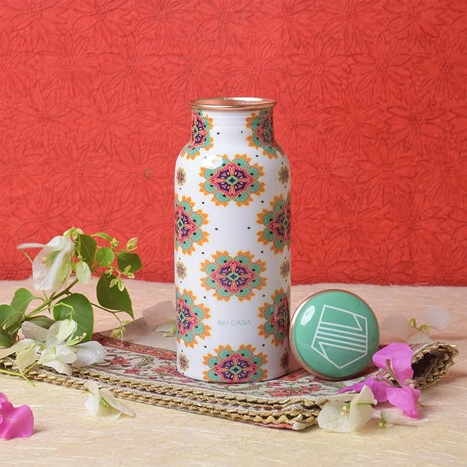 Copper Bottle - White Mandala Floral Printed  (500ml) ｜白色曼陀羅銅水瓶 (#NU001)