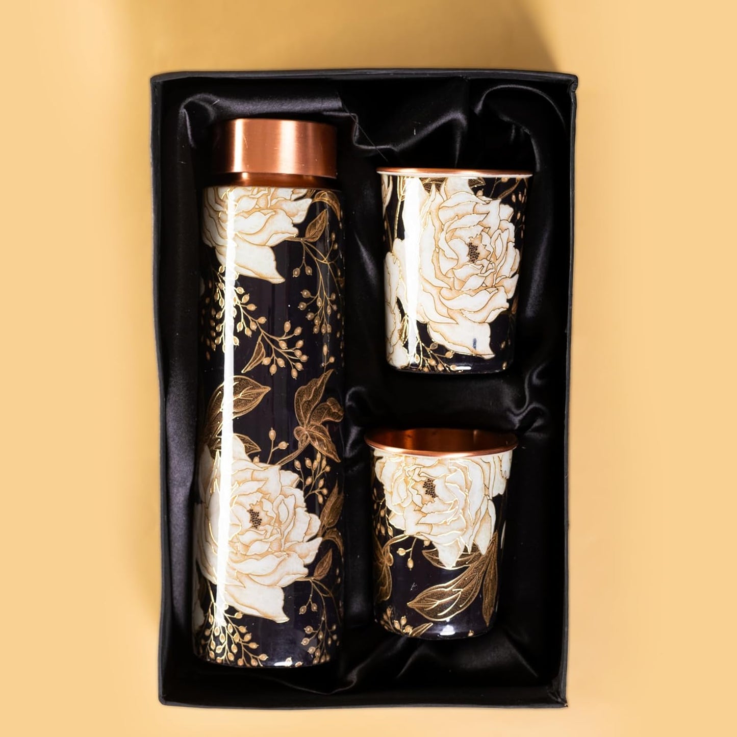 Copper Bottle Set 950ml & 2 Cups (Black & Gold)｜ 印度手工純銅水瓶杯具組合｜阿育吠陀飲用銅水習慣