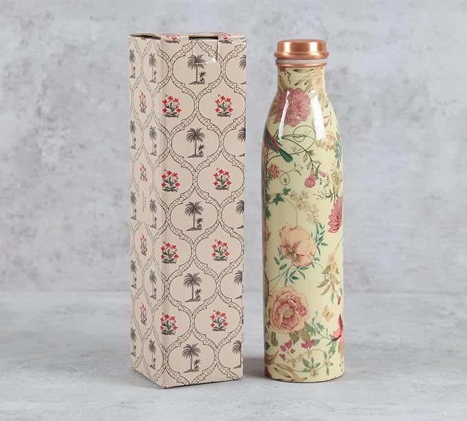 Copper Yellow Floral Printed Bottle  (950ml) ｜ 印度手工純銅水瓶｜阿育吠陀飲用銅水習慣