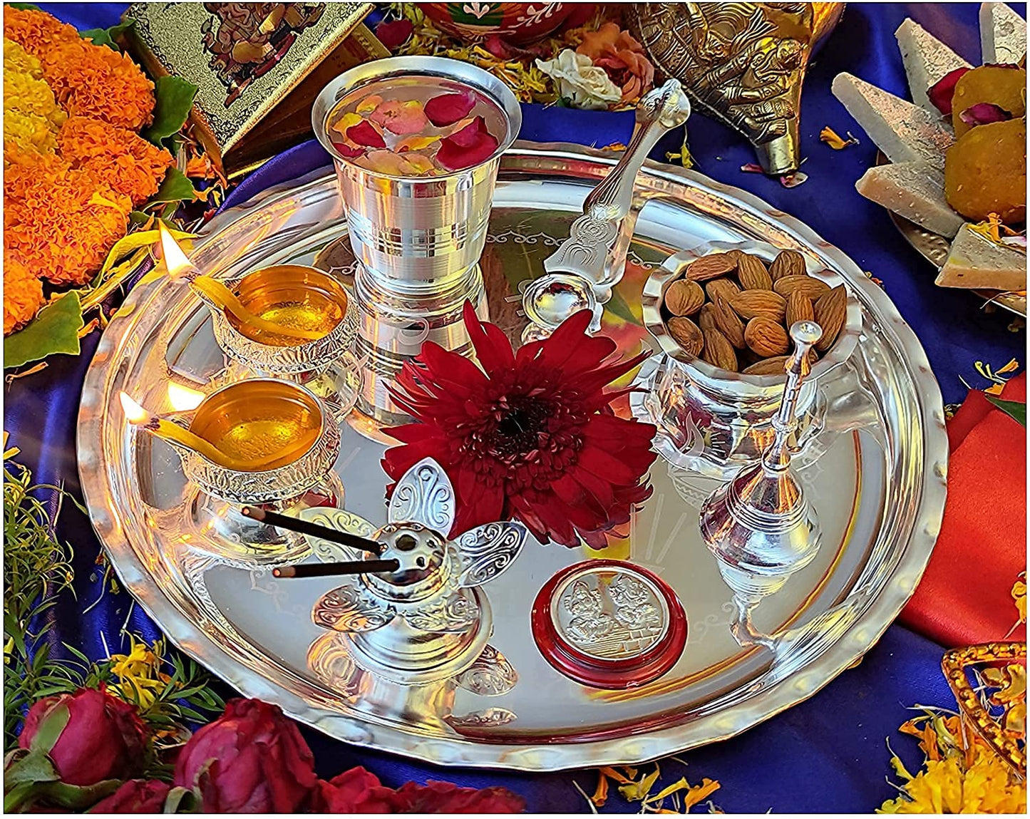 9.5" Silver Plated Pooja Thali Set   | 9.5 英吋鍍銀儀式托盤套組