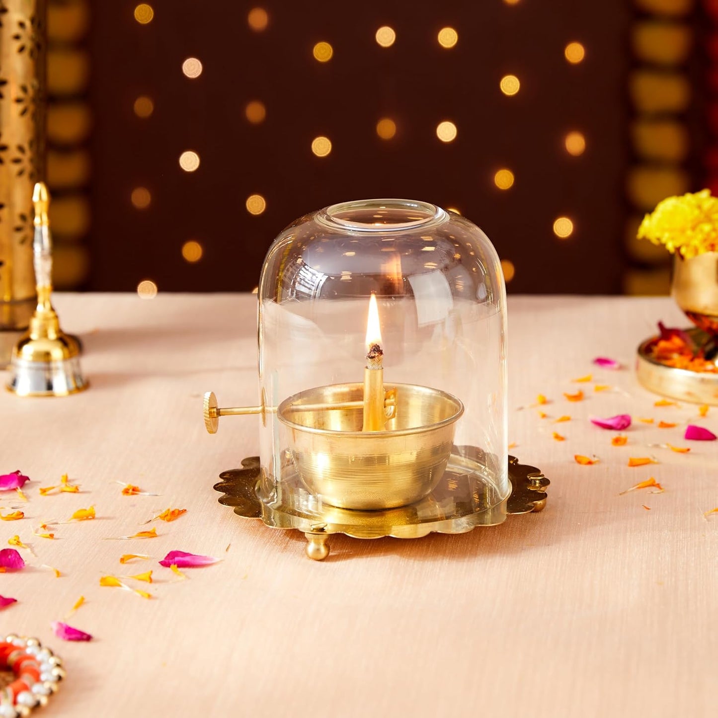 Diya Oil Lamp with Adjustable Wick Knob  | 可調教式黃銅玻璃罩長明燈｜防風防塵
