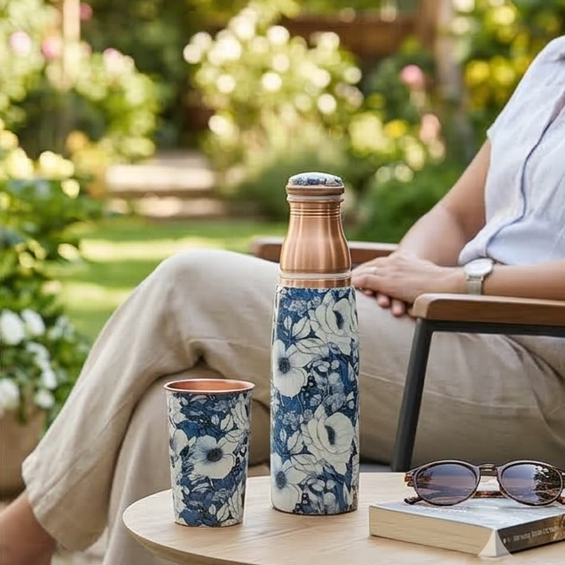 Copper Bottle Set 950ml & 2 Cups (Grey Blue Floral Printed) ｜ 印度手工純銅水瓶杯具組合｜阿育吠陀飲用銅水習慣 (Copy) (Copy) (Copy)