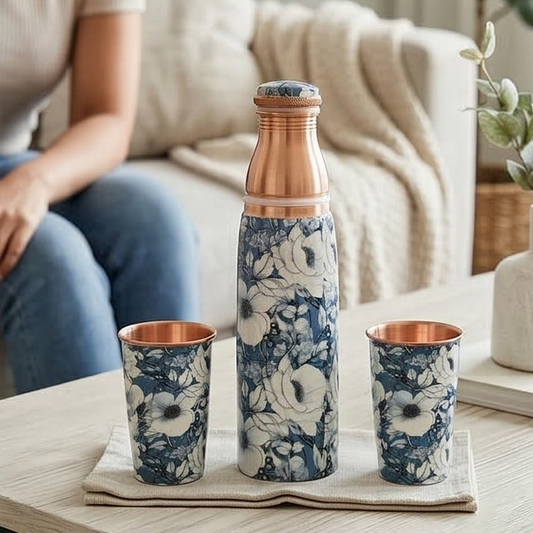Copper Bottle Set 950ml & 2 Cups (Grey Blue Floral Printed) ｜ 印度手工純銅水瓶杯具組合｜阿育吠陀飲用銅水習慣 (Copy) (Copy) (Copy)