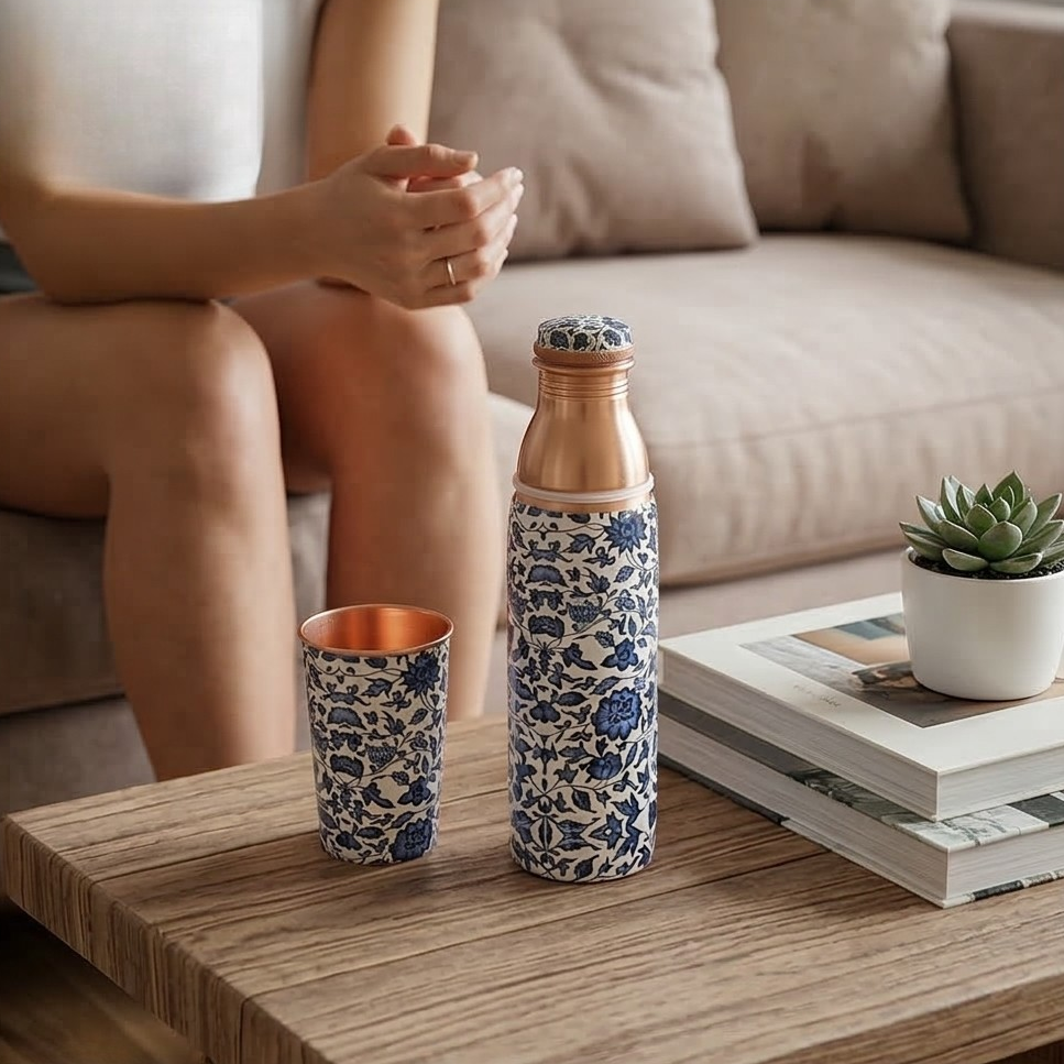 Copper Bottle Set 950ml & 2 Cups (Dark Blue Floral Printed) ｜ 印度手工純銅水瓶杯具組合｜阿育吠陀飲用銅水習慣 (Copy) (Copy) (Copy) (Copy)