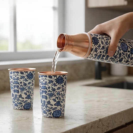 Copper Bottle Set 950ml & 2 Cups (Dark Blue Floral Printed) ｜ 印度手工純銅水瓶杯具組合｜阿育吠陀飲用銅水習慣 (Copy) (Copy) (Copy) (Copy)