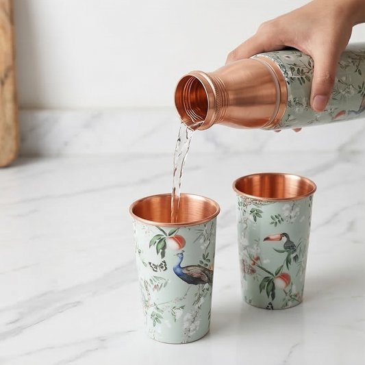 Copper Bottle Set with 2Cups (Bird) ｜ 印度手工純銅水瓶組合 (#CS001)