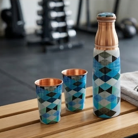 Copper Bottle Set 950ml & 2 Cups (Blue Geo Printed) ｜ 印度手工純銅水瓶杯具組合｜阿育吠陀飲用銅水習慣 (Copy)