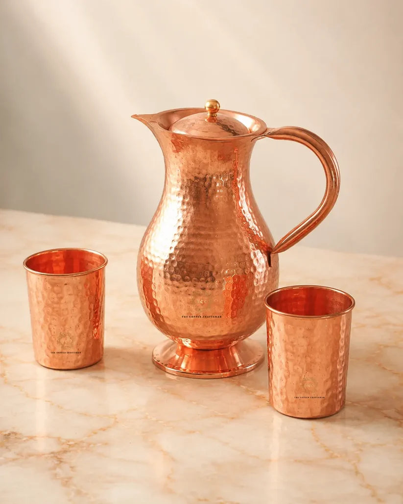 Hammered Copper Jug Set  (1.5L & 2cups) (#CJ1500)｜ 純銅精品儲水壺 - 1.5公升 及 2水杯