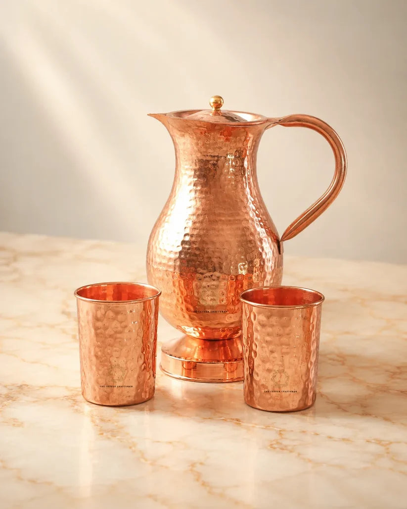 Hammered Copper Jug Set  (1.5L & 2cups) (#CJ1500)｜ 純銅精品儲水壺 - 1.5公升 及 2水杯