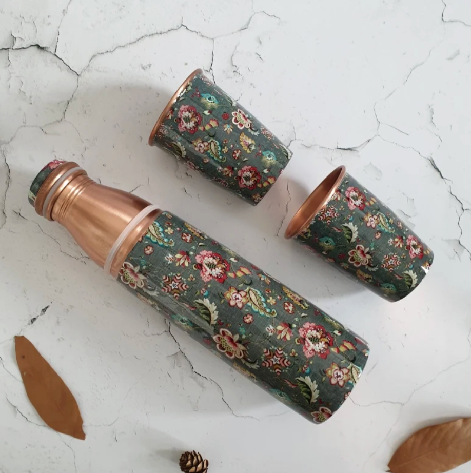 Copper Bottle Set 950ml & 2 Cups (Green Forest)｜ 印度手工純銅水瓶杯具組合｜阿育吠陀飲用銅水習慣