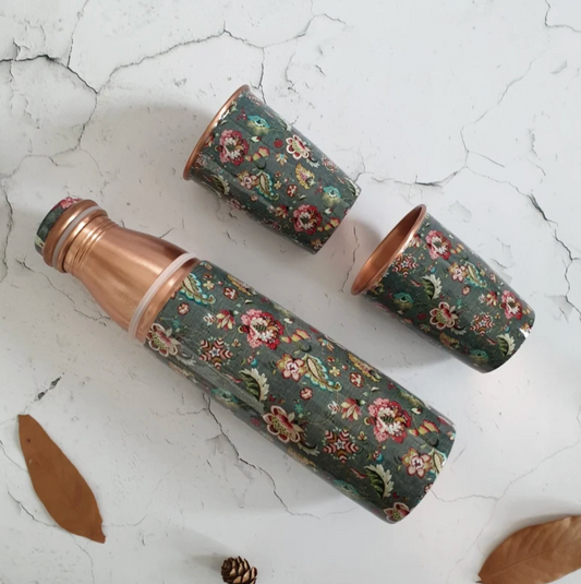 Copper Bottle Set with 2 Cups (Forest in Green)｜ 印度手工純銅水瓶組合 (#CS005)