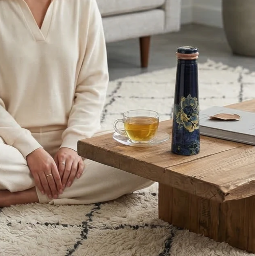 Copper Blue Floral Printed Slim Bottle  (750ml) ｜ 印度手工純銅水瓶｜阿育吠陀飲用銅水習慣