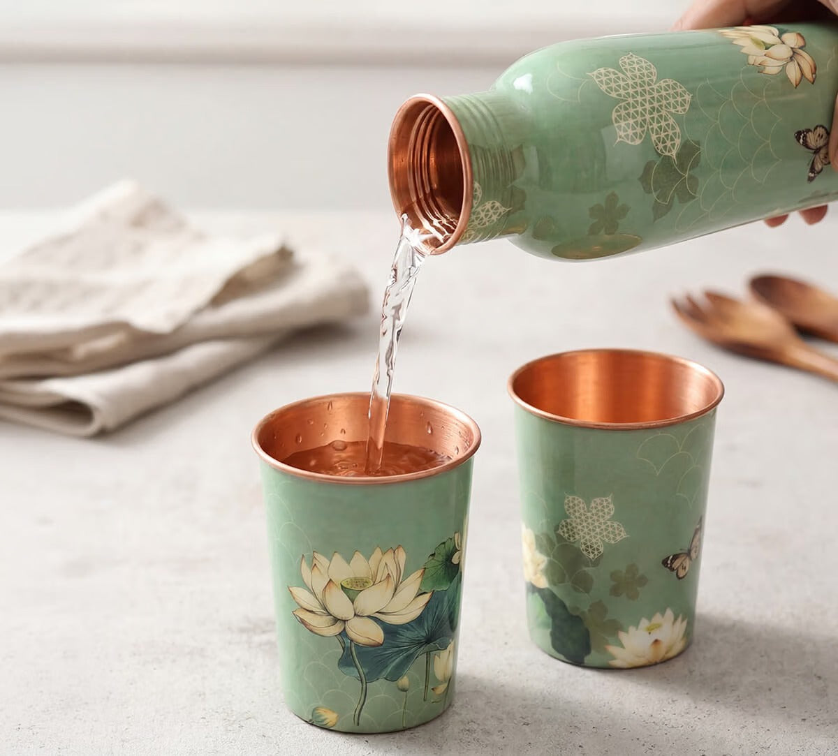 Copper Lotus Printed Cup (275ml) - Pack Of 2｜ 印度手工純銅水杯 2隻