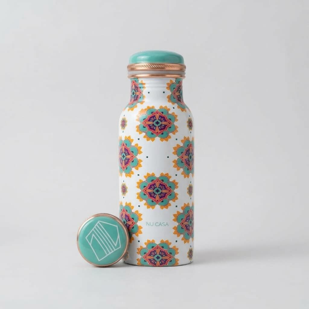 Copper Bottle - White Mandala Floral Printed  (500ml) ｜白色曼陀羅銅水瓶 (#NU001)