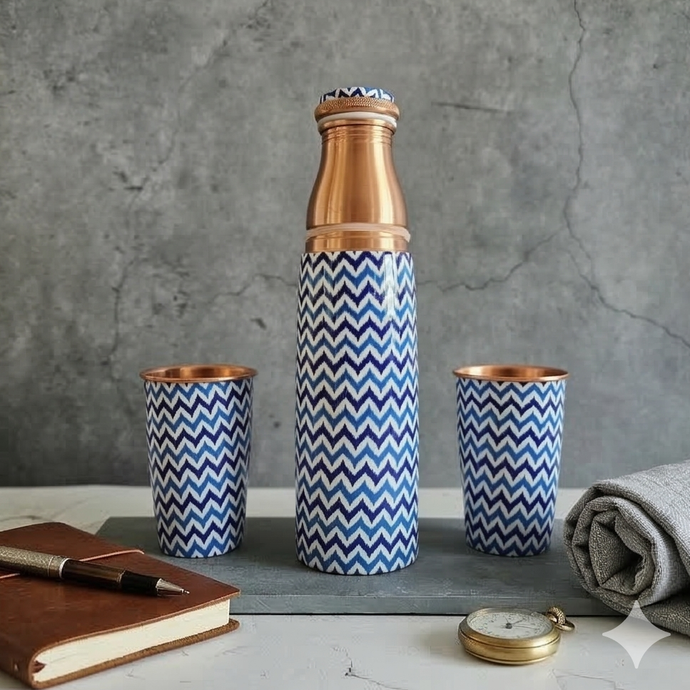 Copper Bottle Set 950ml & 2 Cups (Blue Arrow Printed) ｜ 印度手工純銅水瓶杯具組合｜阿育吠陀飲用銅水習慣 (Copy) (Copy)