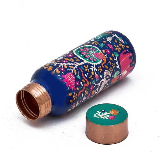Copper Bottle Blue Printed Animal Set (500ml & 2 Cups) ｜ 印度手工純銅雕刻水瓶套裝｜阿育吠陀飲用銅水習慣