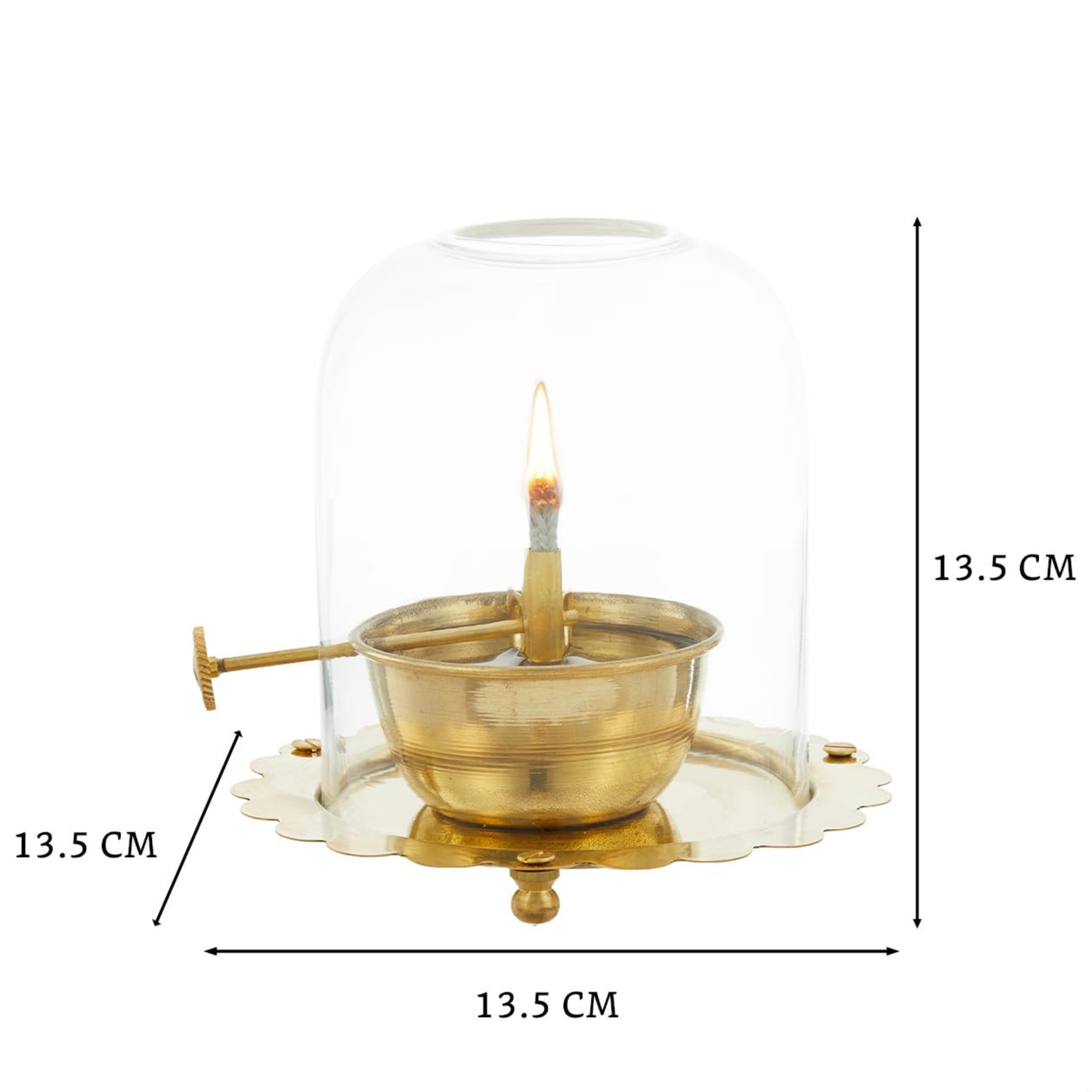 Diya Oil Lamp with Adjustable Wick Knob  | 可調教式黃銅玻璃罩長明燈｜防風防塵